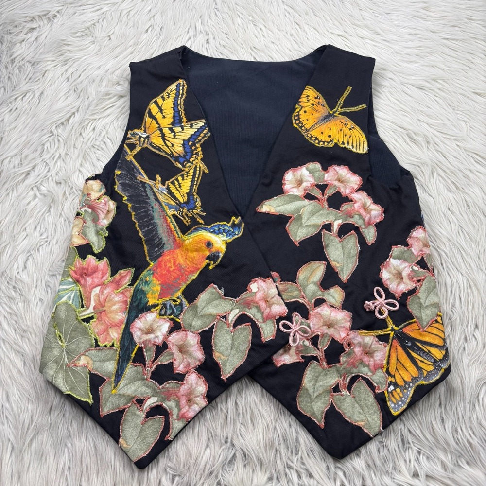 Handmade Artisan Embroidered Applique Beaded Vest M‎ Lined Floral Tropical Birds